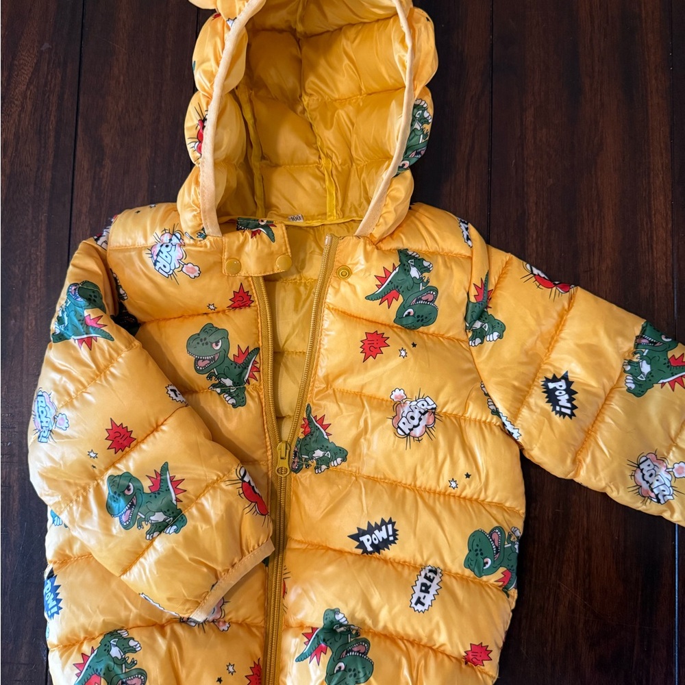 Yellow Dinosaur Print Puffer Jacket